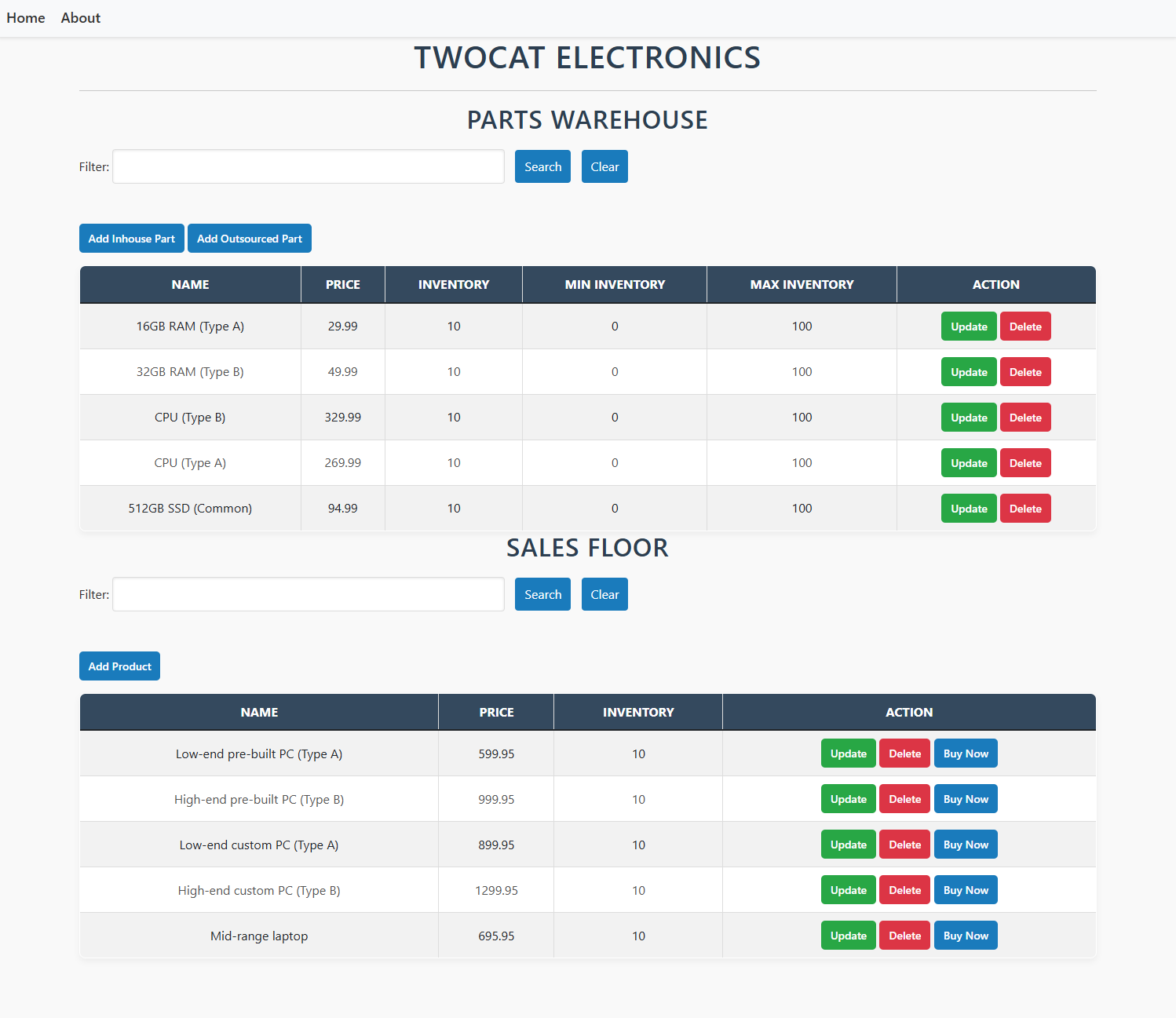 Parts inventory project screenshot