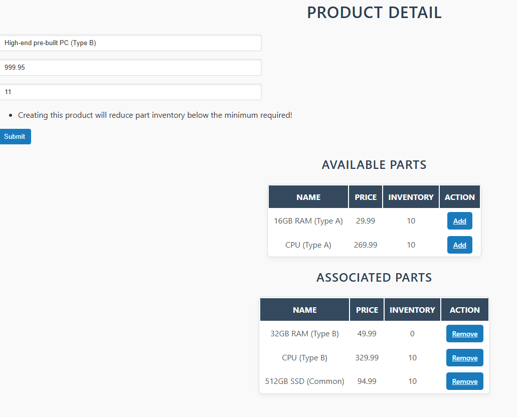 Parts inventory project second screenshot